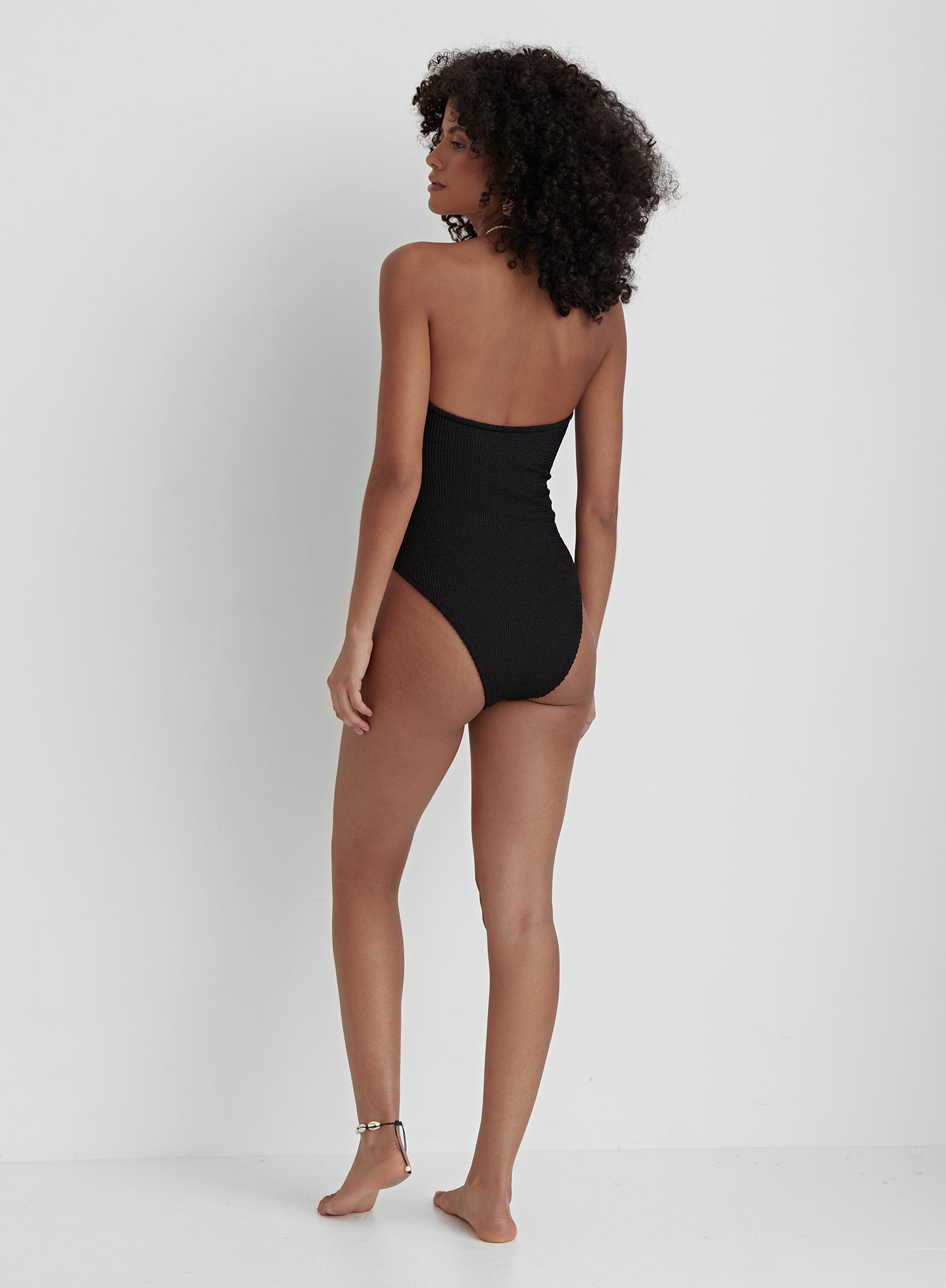 Black Crinkle Ruched Front Bandeau Swimsuit